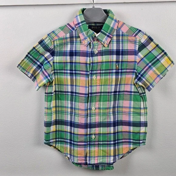 Polo Ralph Lauren Kids Plaid Short Sleeve Button Down Shirt Green Pink 3/3T - Picture 1 of 4